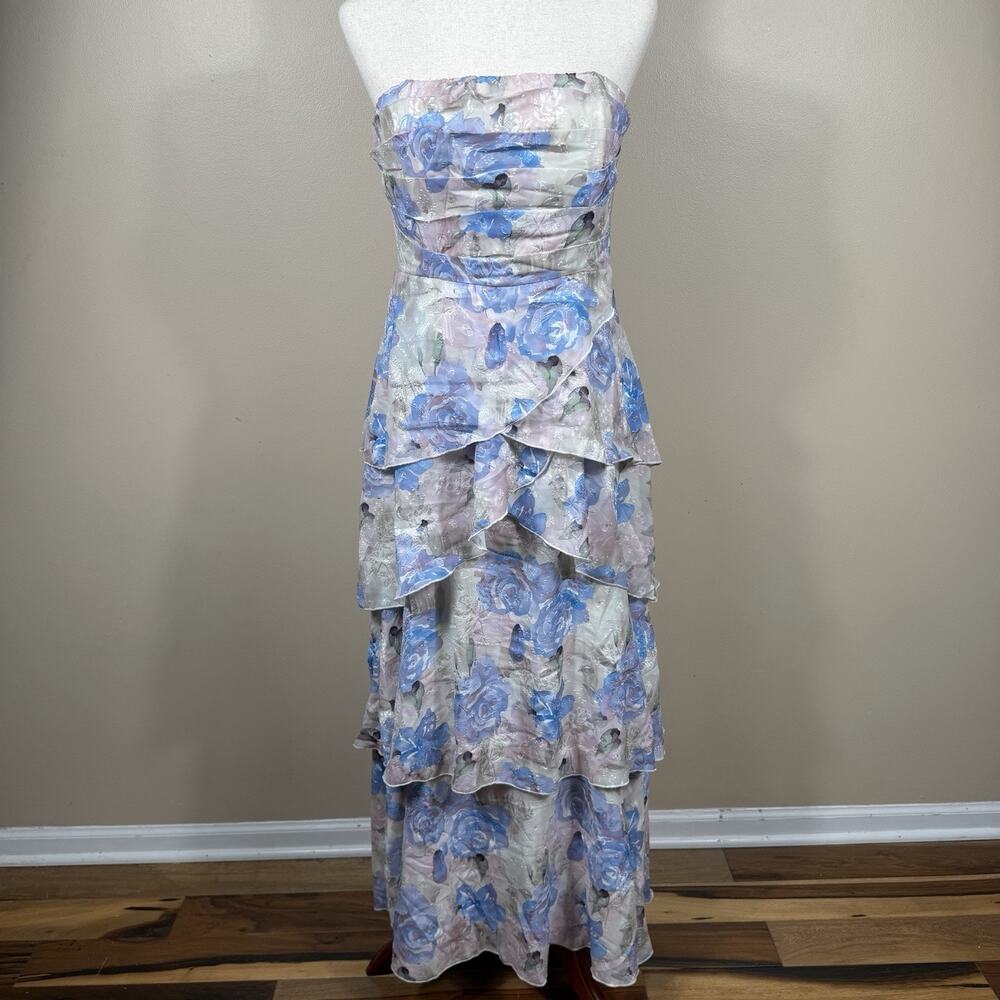 Petal & Pup Blue Floral Strapless Tiered Maxi Dress Sz M Romantic Cottagecore
